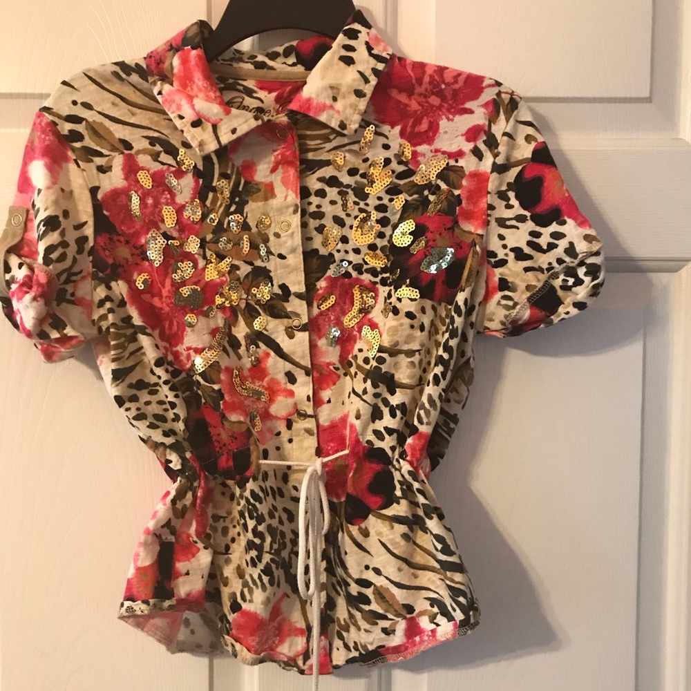 💘Onque Petite Gold Sequined 🐆🌺 Print Top/Jacket